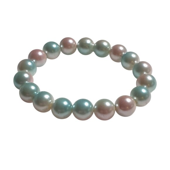 Vintage Faux Pearl Beaded Stretch Bracelet Pastel Pink Blue Beads Gift Jewelry - Picture 3 of 3